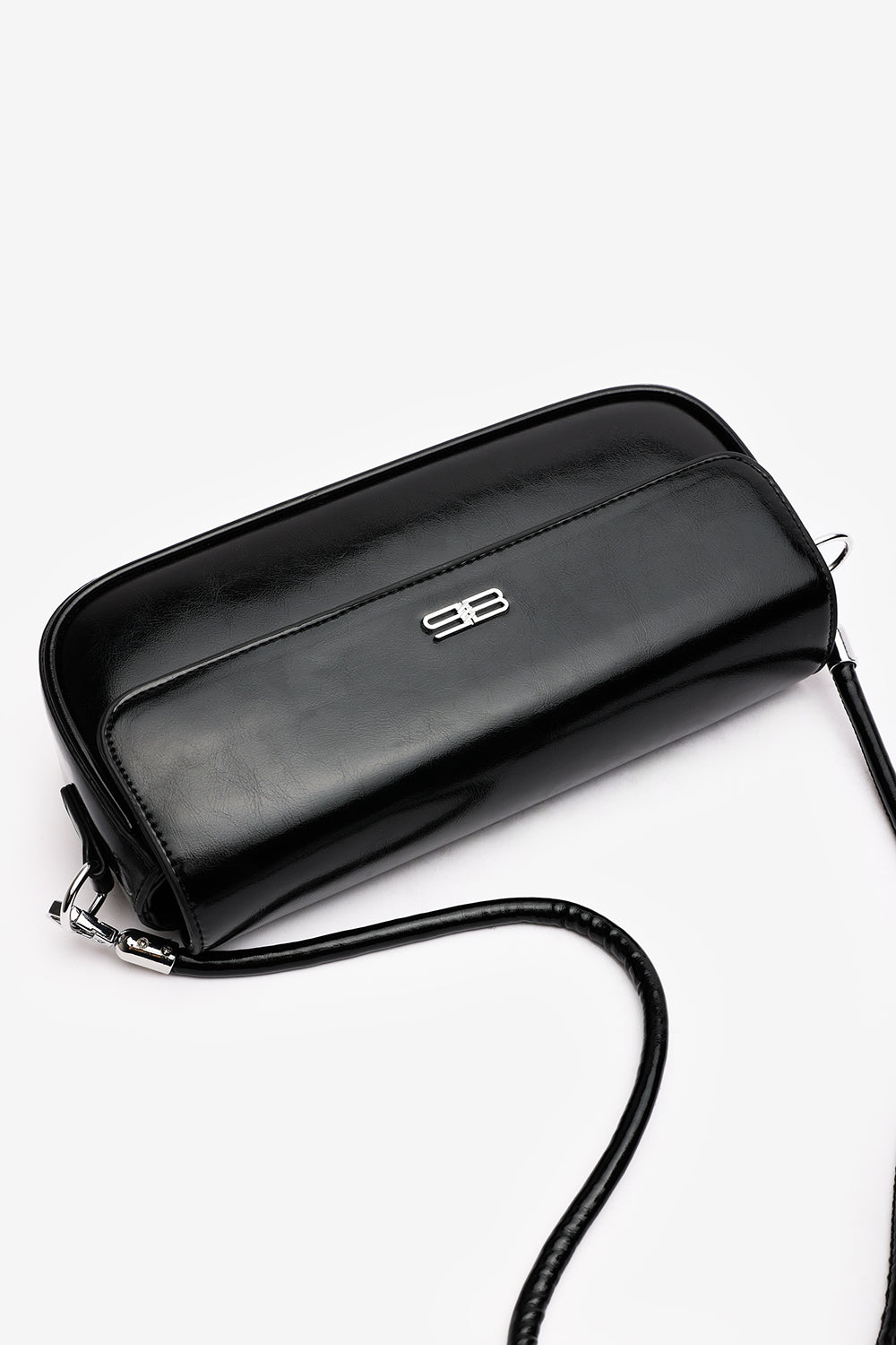 Premium Black Shiny Finish Baguette Shoulder Bag with Silver Accent