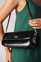 Premium Black Shiny Finish Baguette Shoulder Bag with Silver Accent