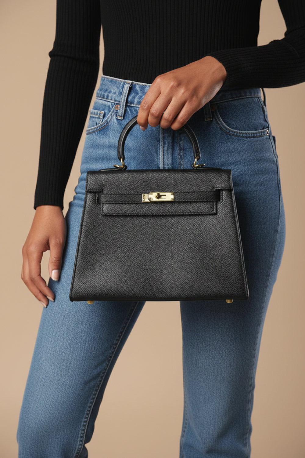 Crossbody Bag With Gold Lock in Textured Black