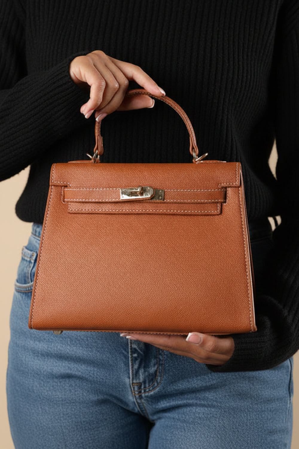 Crossbody Bag With Gold Lock in Textured Tan