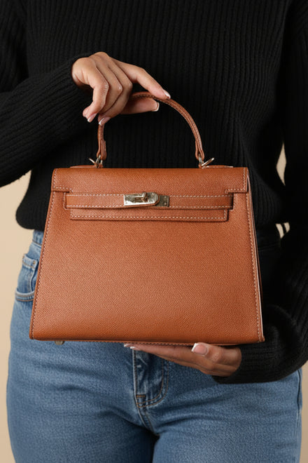 Crossbody Bag With Gold Lock in Textured Tan