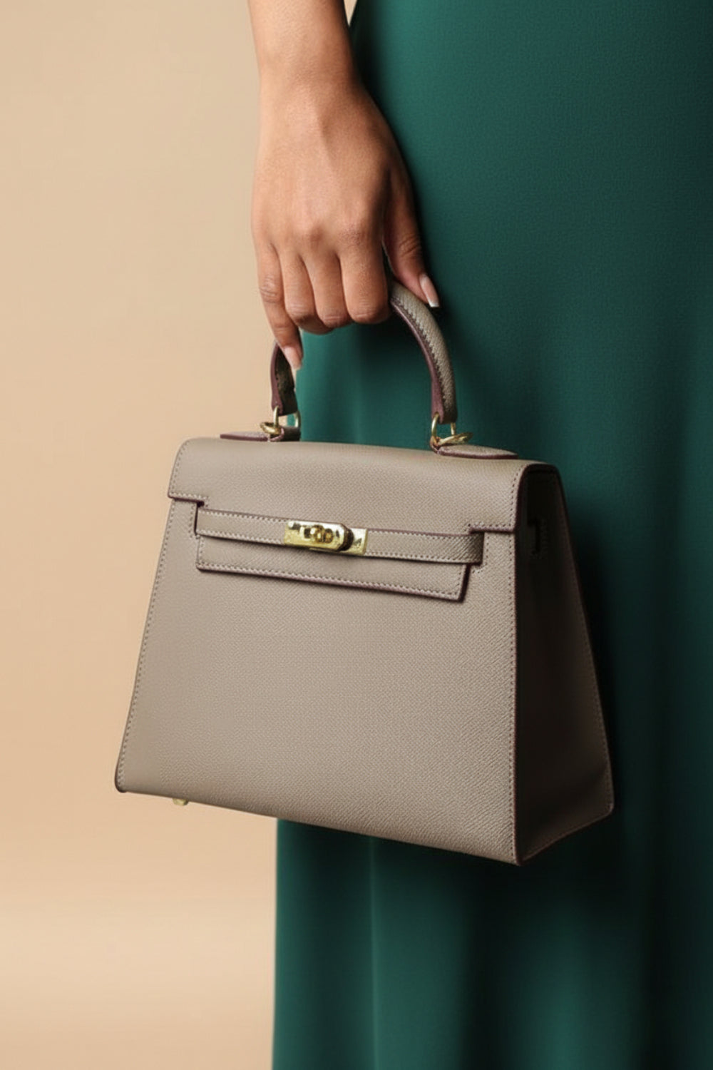 Crossbody Bag With Gold Lock in Textured Taupe