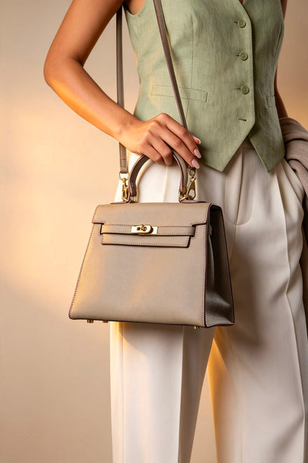 Crossbody Bag With Gold Lock in Textured Taupe