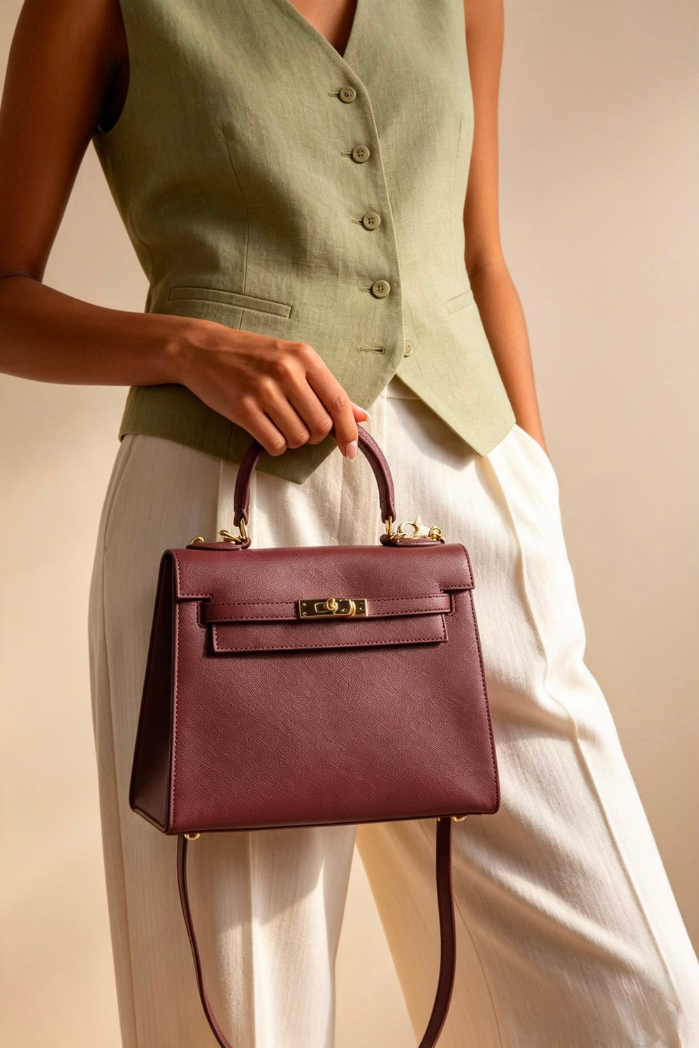 Crossbody Bag With Gold Lock in Textured Maroon