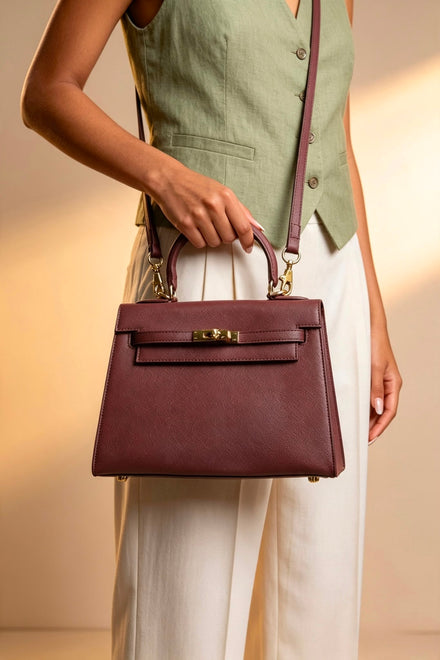 Crossbody Bag With Gold Lock in Textured Maroon