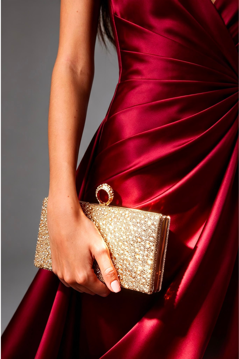 Sparkling Gold Crystal Clutch Bag with Ring Handle & Chain Strap
