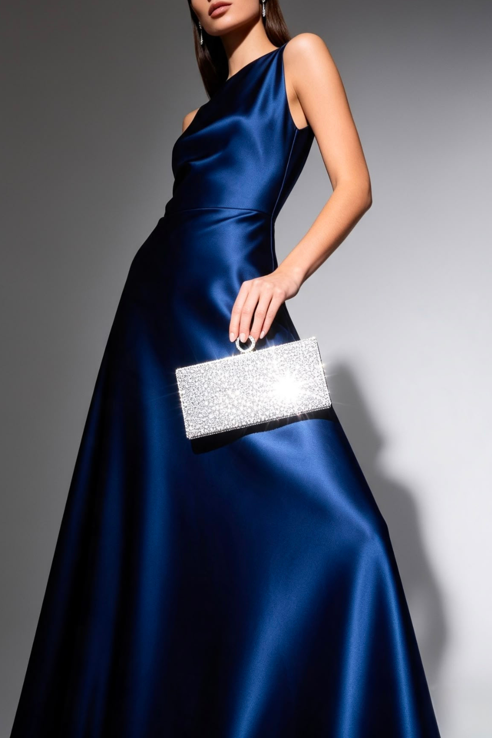 Sparkling Silver Crystal Clutch Bag with Ring Handle & Chain Strap