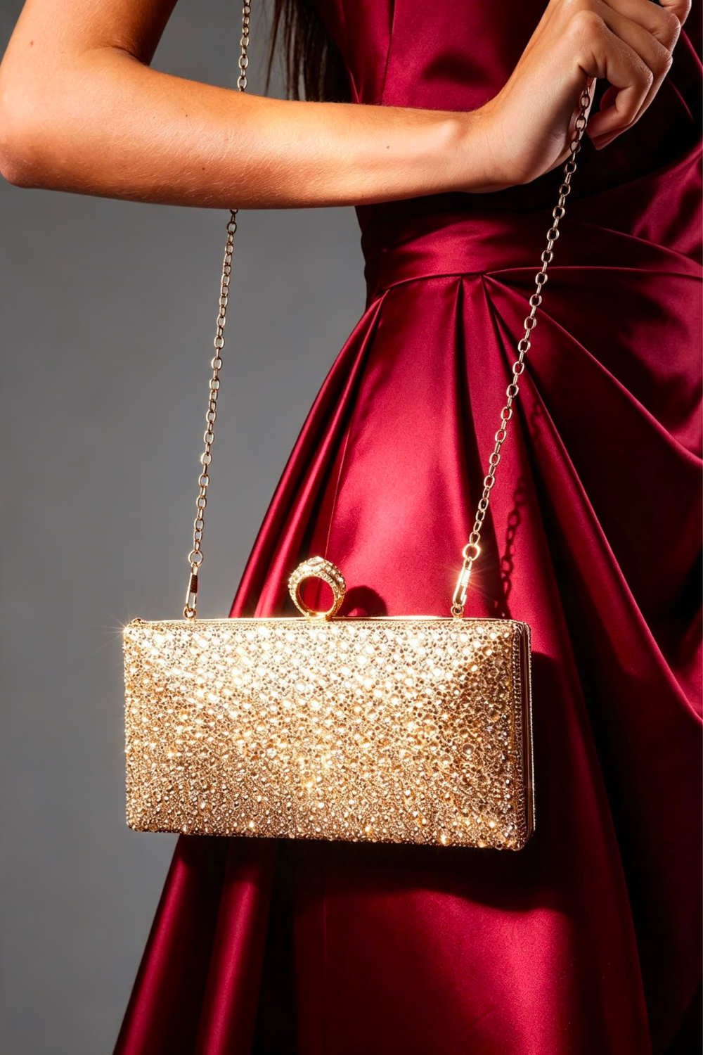 Sparkling Gold Crystal Clutch Bag with Ring Handle & Chain Strap