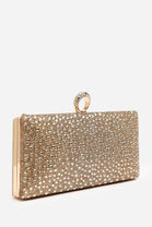 Sparkling Gold Crystal Clutch Bag with Ring Handle & Chain Strap