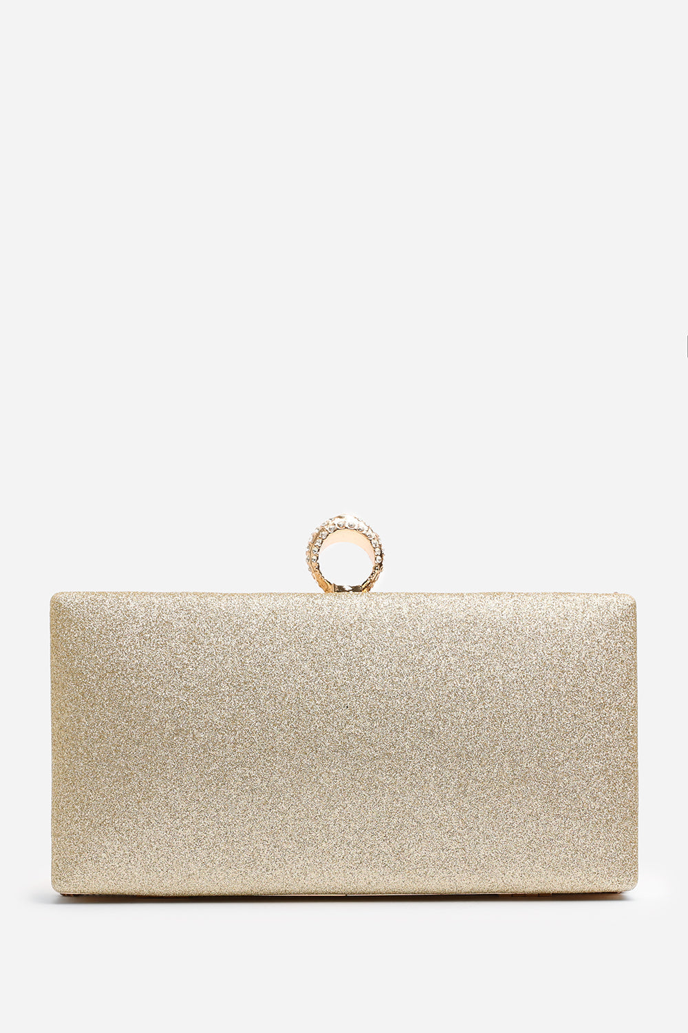 Sparkling Gold Crystal Clutch Bag with Ring Handle & Chain Strap