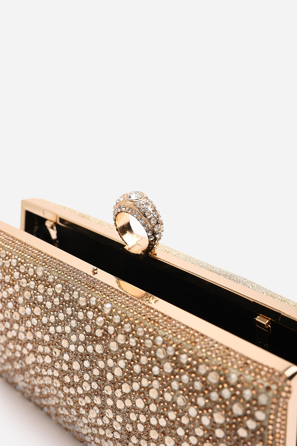 Sparkling Gold Crystal Clutch Bag with Ring Handle & Chain Strap