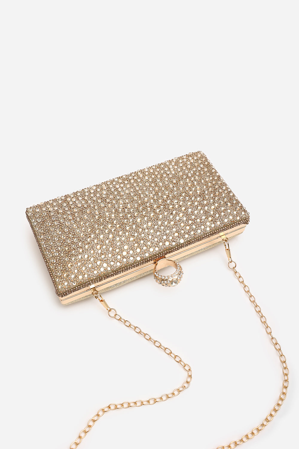 Sparkling Gold Crystal Clutch Bag with Ring Handle & Chain Strap