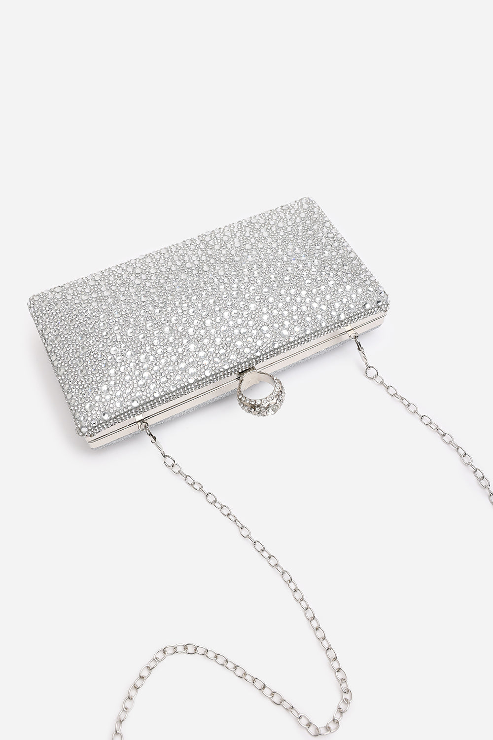Sparkling Silver Crystal Clutch Bag with Ring Handle & Chain Strap