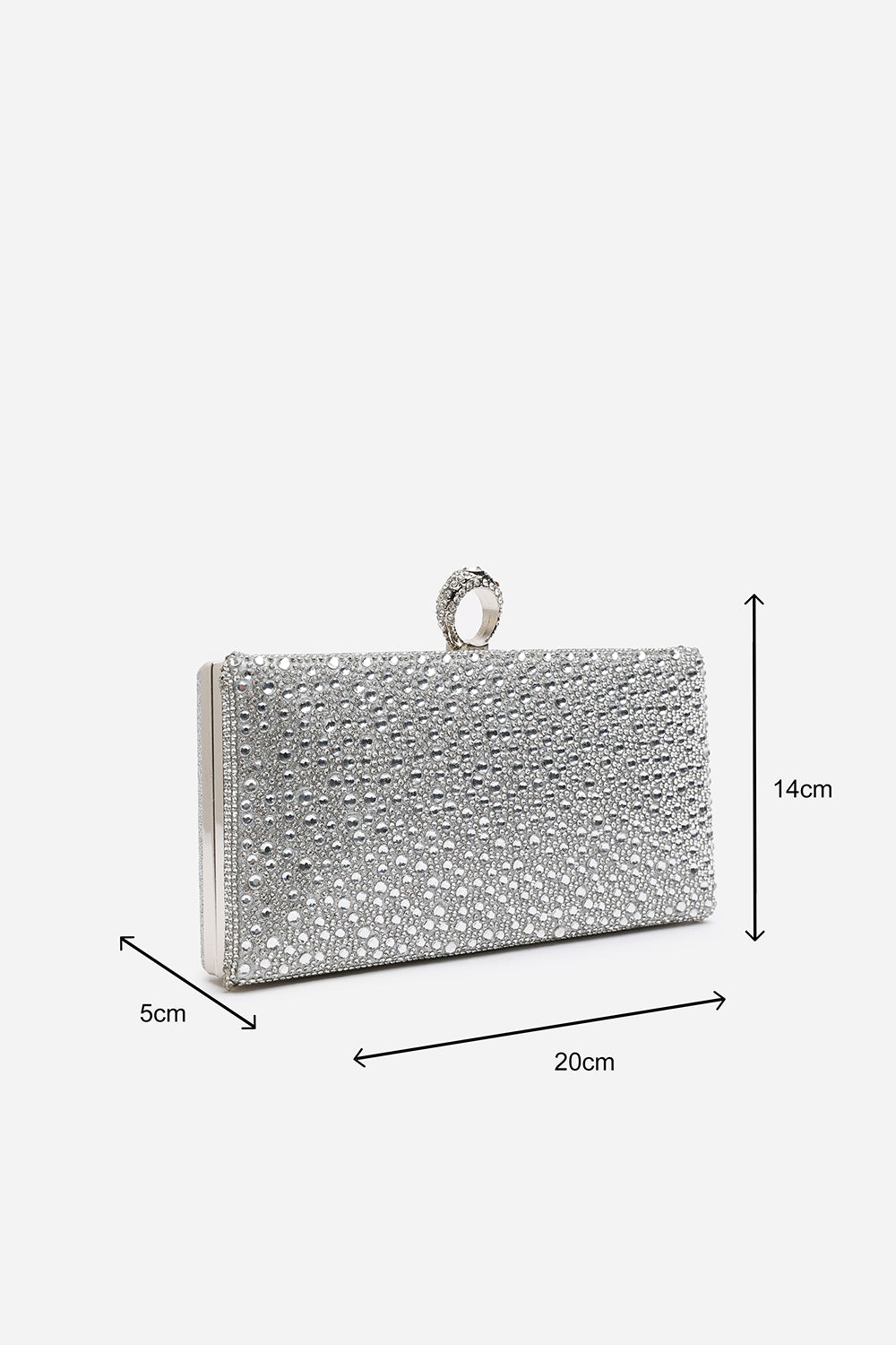 Sparkling Silver Crystal Clutch Bag with Ring Handle & Chain Strap