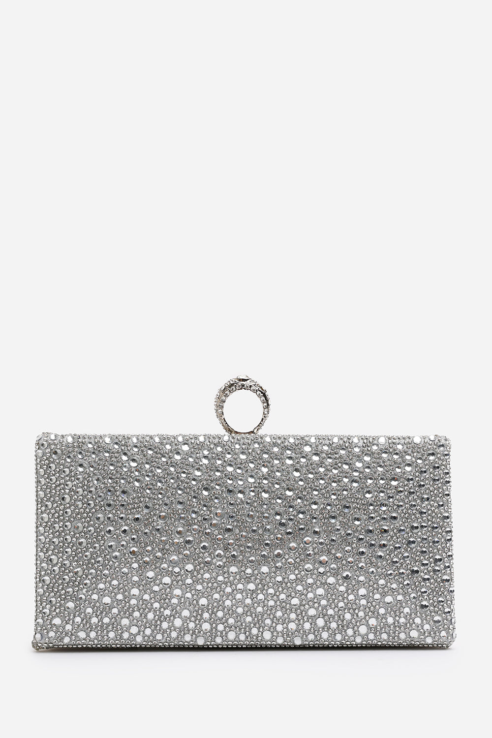 Sparkling Silver Crystal Clutch Bag with Ring Handle & Chain Strap