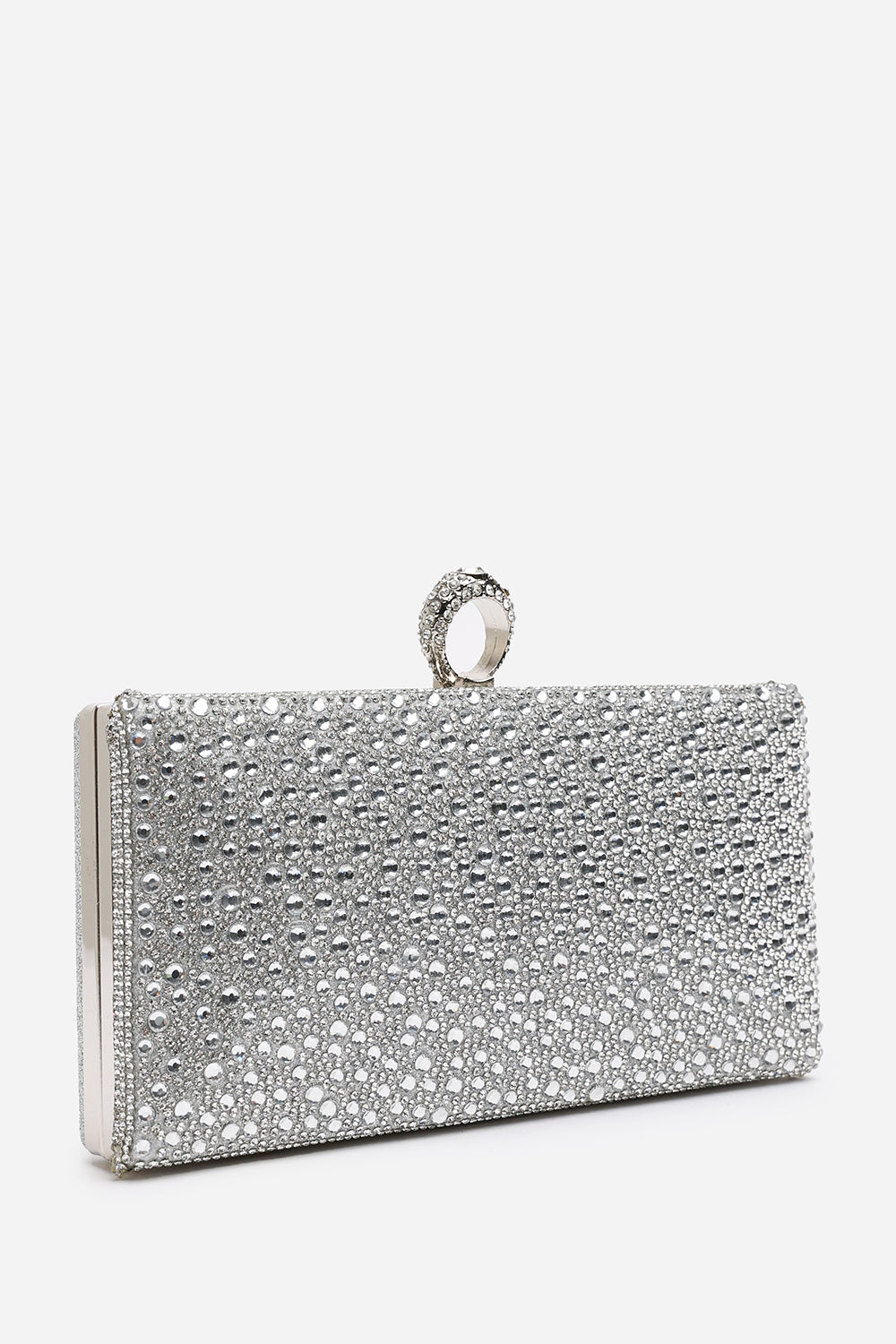 Sparkling Silver Crystal Clutch Bag with Ring Handle & Chain Strap