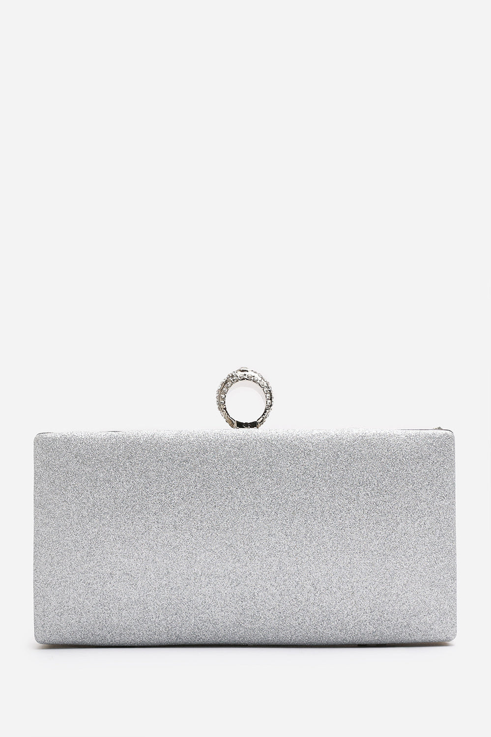 Sparkling Silver Crystal Clutch Bag with Ring Handle & Chain Strap