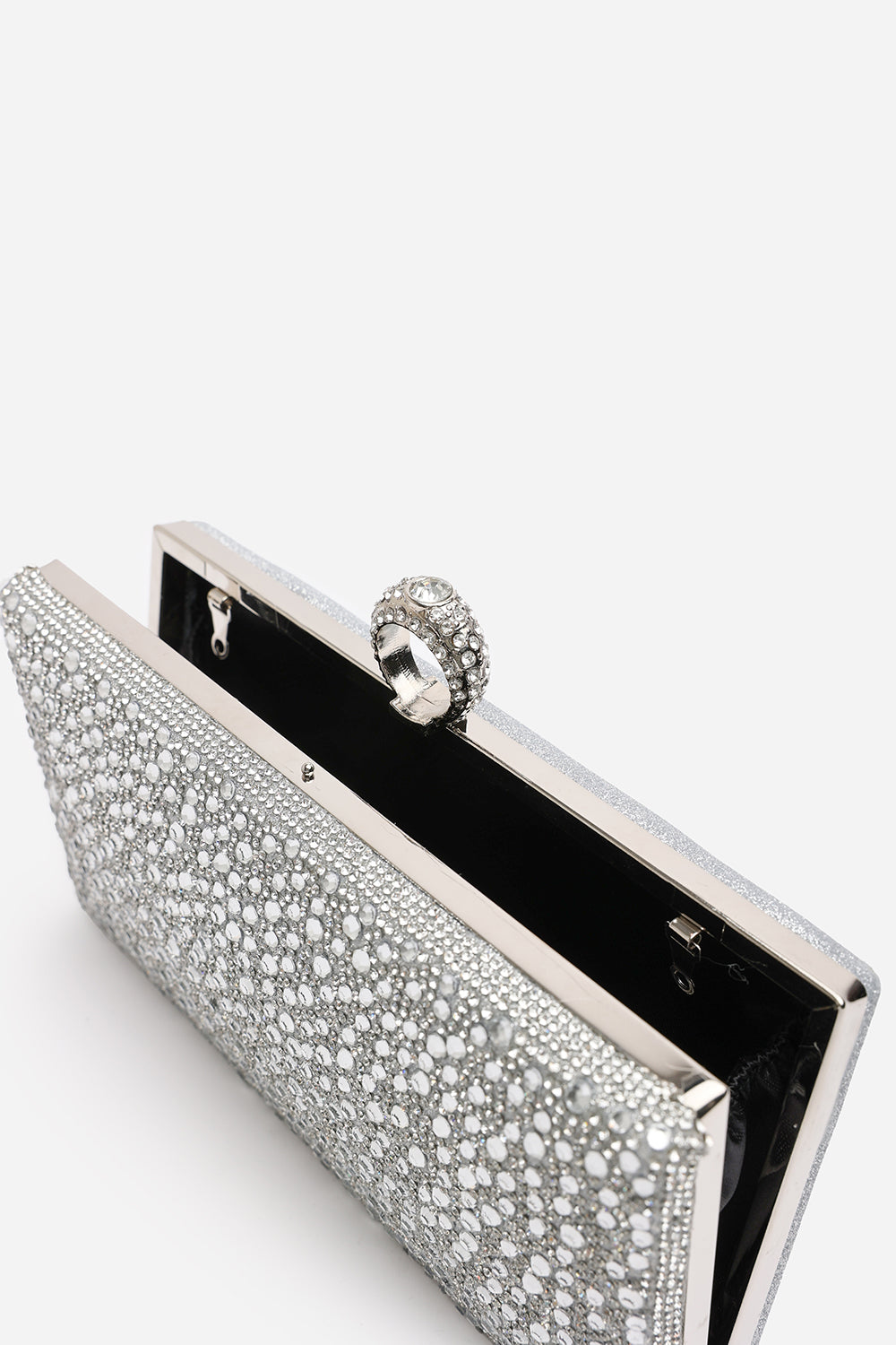 Sparkling Silver Crystal Clutch Bag with Ring Handle & Chain Strap