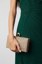 Sparkling Gold Crystal Clutch Bag with Ring Handle & Chain Strap