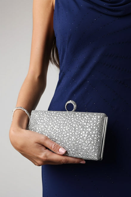 Sparkling Silver Crystal Clutch Bag with Ring Handle & Chain Strap