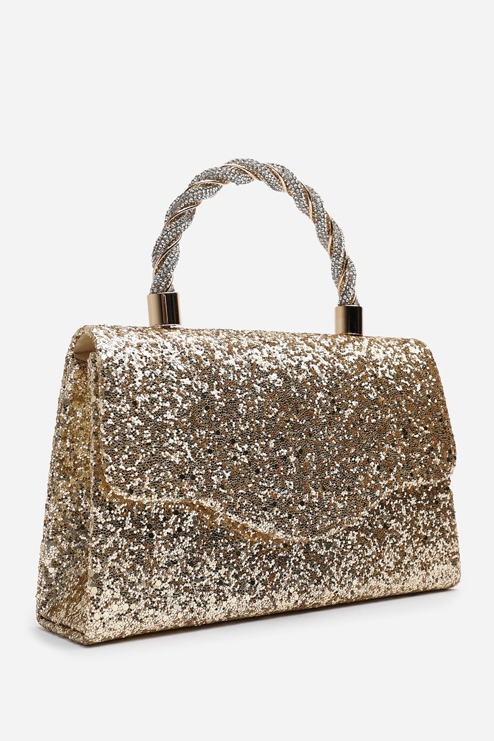 Wholesale Gold Glitter Party Bag with Unique Twisted Rhinestone Handle