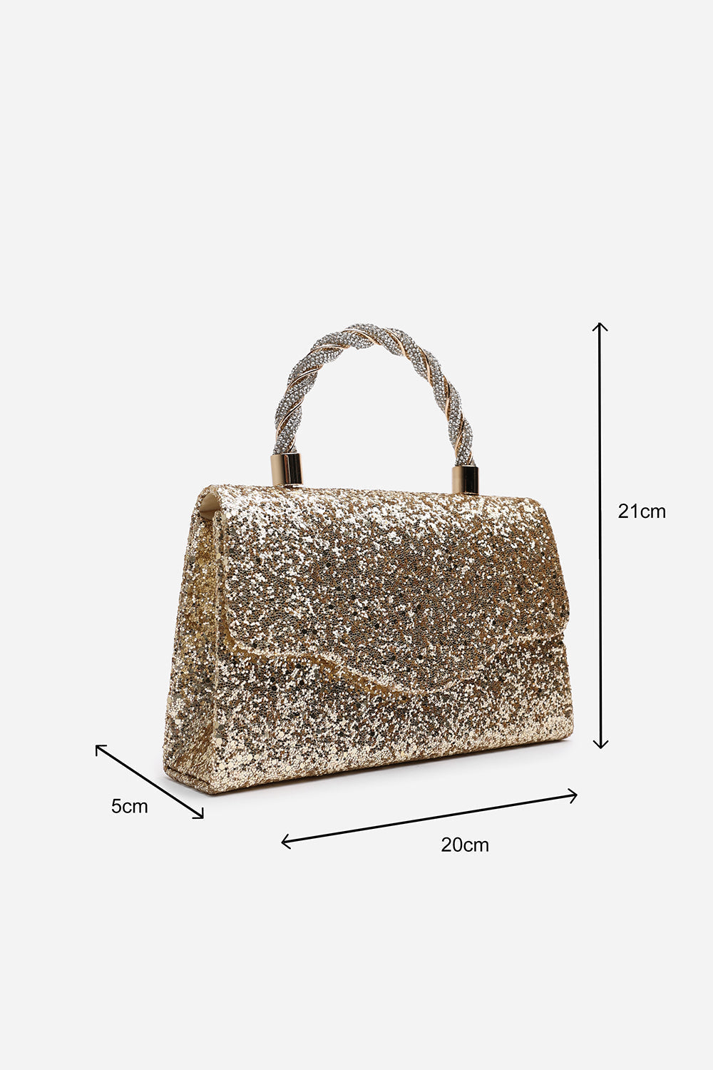 Wholesale Gold Glitter Party Bag with Unique Twisted Rhinestone Handle