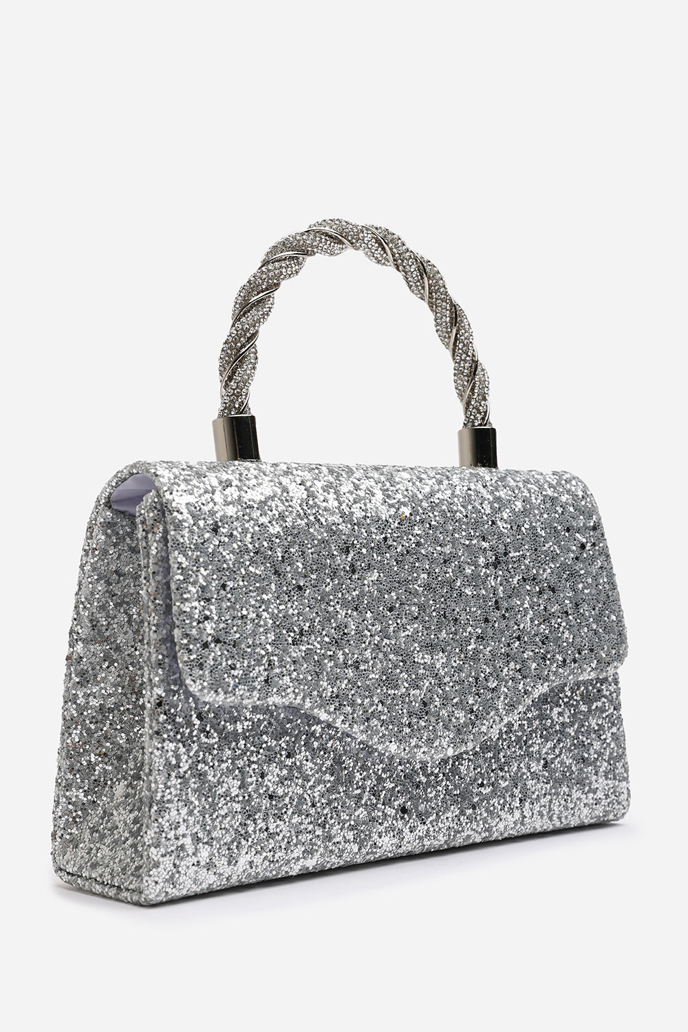 Wholesale Silver Glitter Party Bag with Unique Twisted Rhinestone Handle