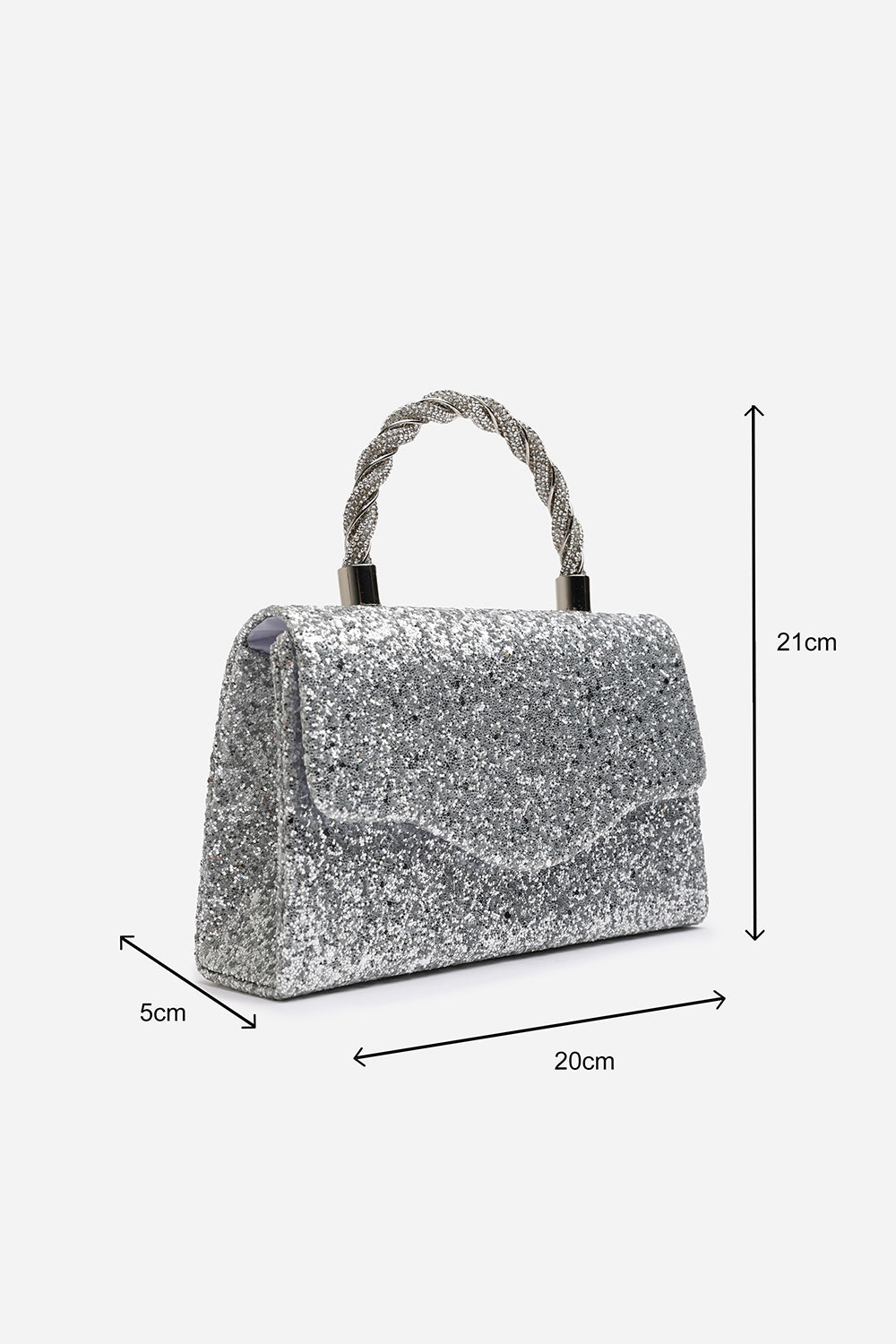 Wholesale Silver Glitter Party Bag with Unique Twisted Rhinestone Handle
