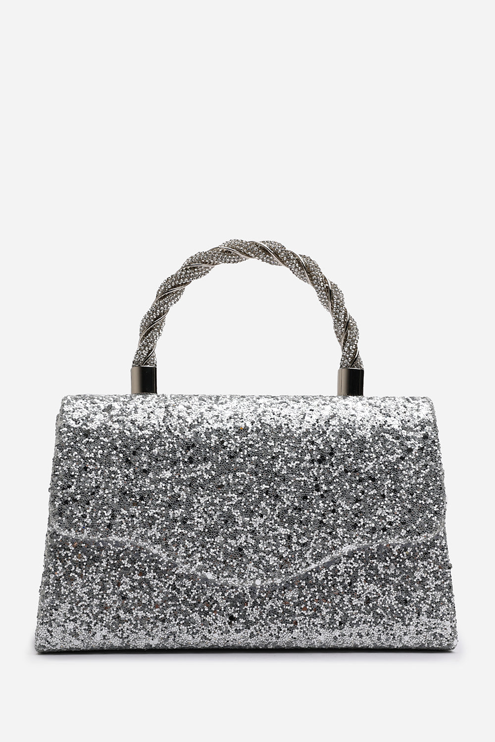 Wholesale Silver Glitter Party Bag with Unique Twisted Rhinestone Handle