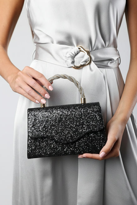 Wholesale Black Glitter Party Bag with Unique Twisted Rhinestone Handle