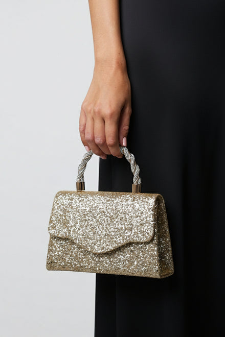 Wholesale Gold Glitter Party Bag with Unique Twisted Rhinestone Handle