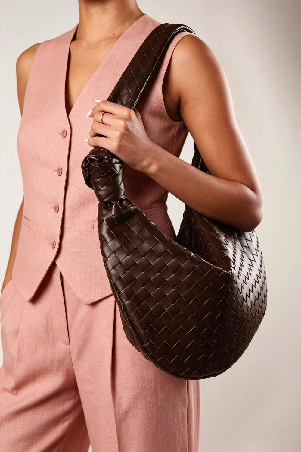 Knotted Dark Brown Faux Leather Shoulder Bag