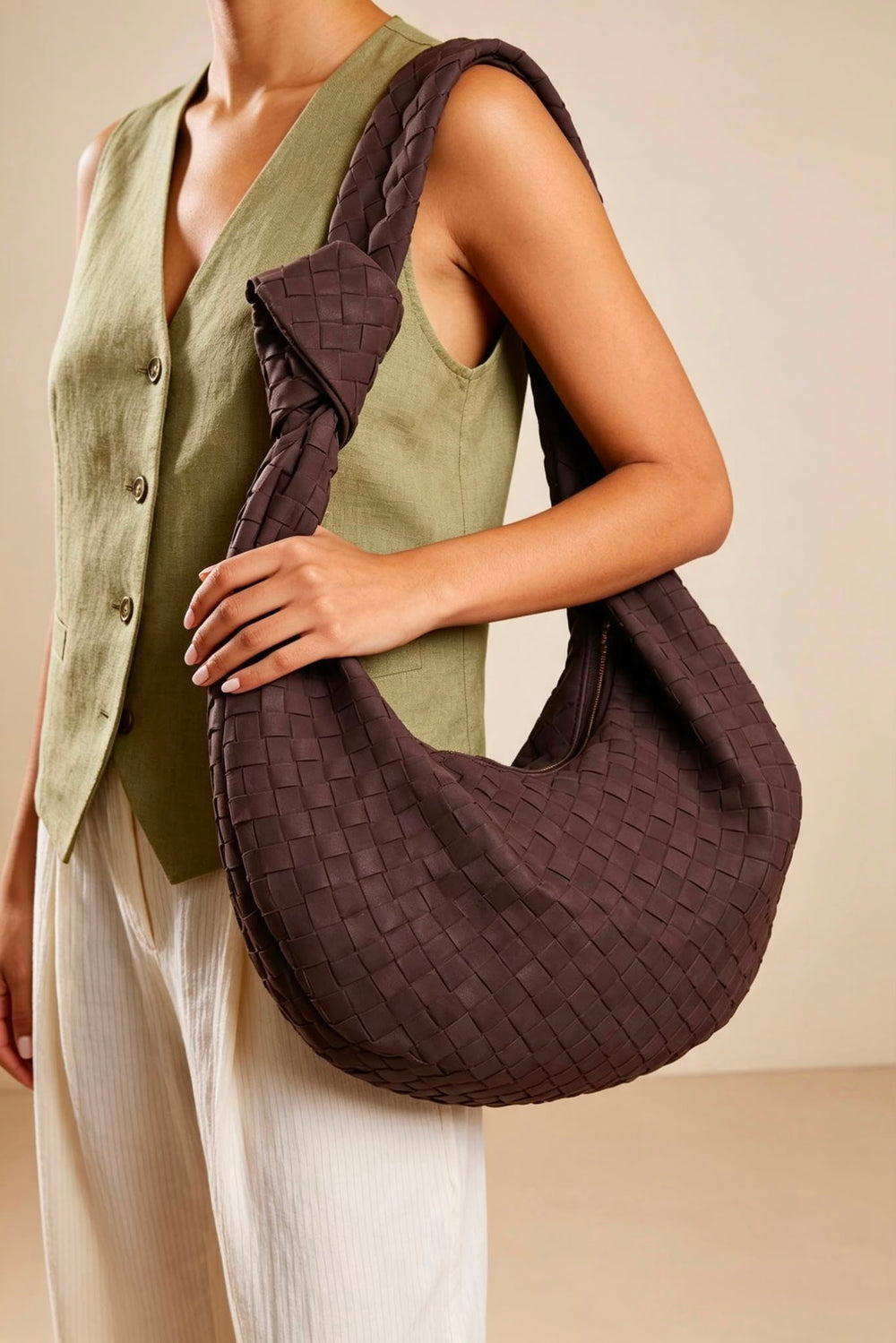 Knotted Dark Brown Faux Suede Shoulder Bag
