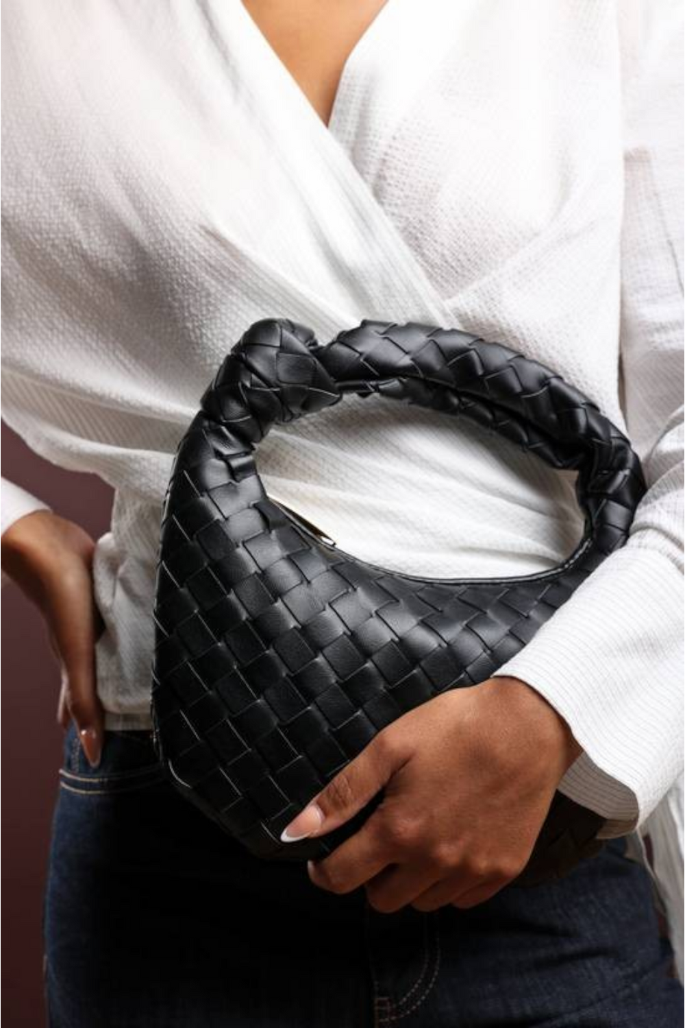 Black Faux Leather Woven Knot Handle Hobo Bag | Wholesale Bags