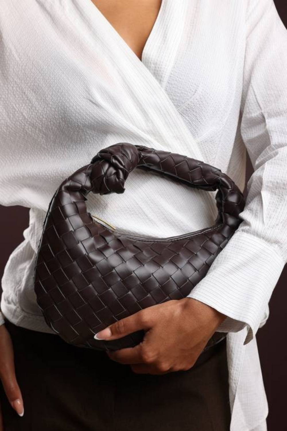 Dark Brown Faux Leather Woven Knot Handle Hobo Bag | Wholesale Bags