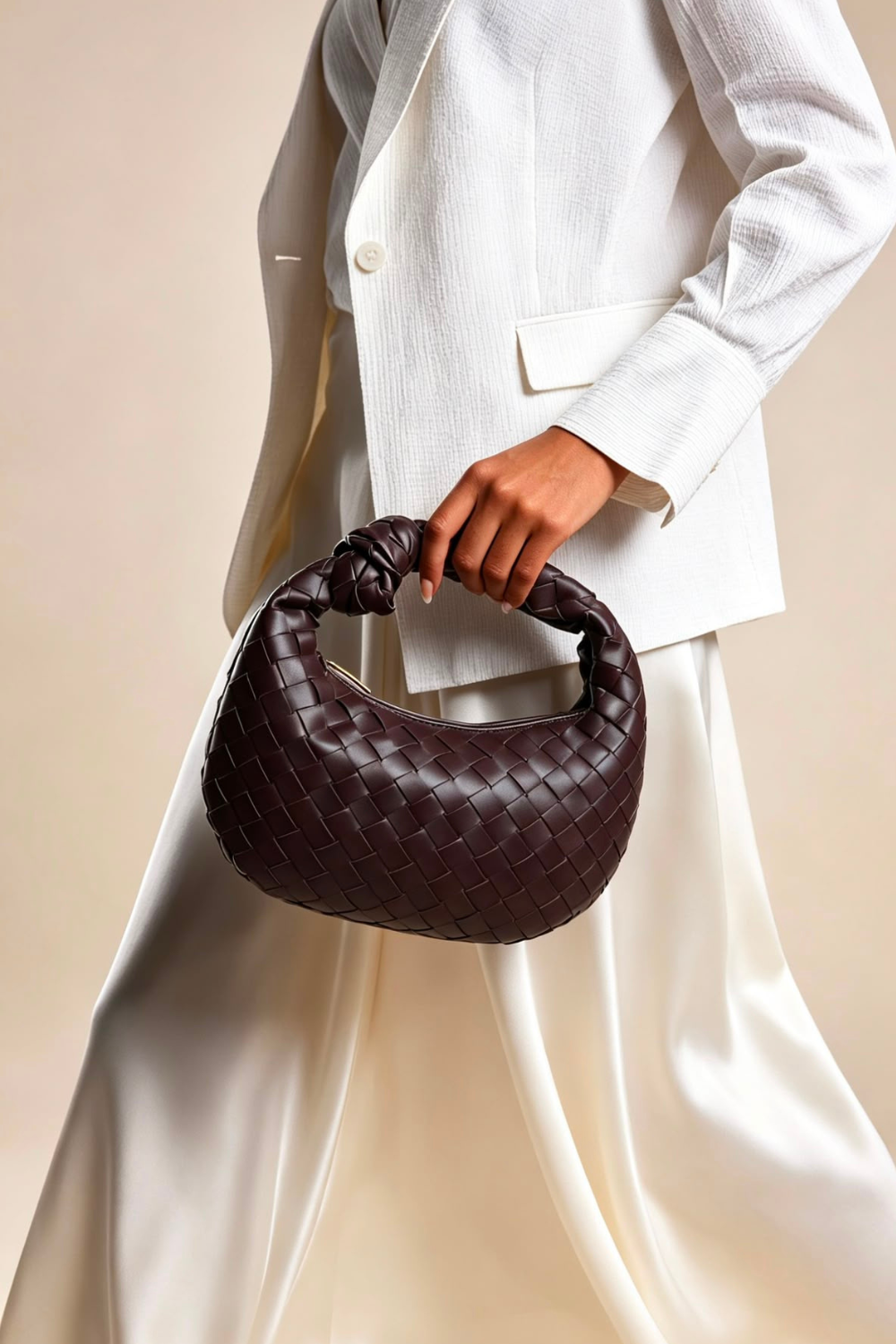 Dark Brown Faux Leather Woven Knot Handle Hobo Bag | Wholesale Bags