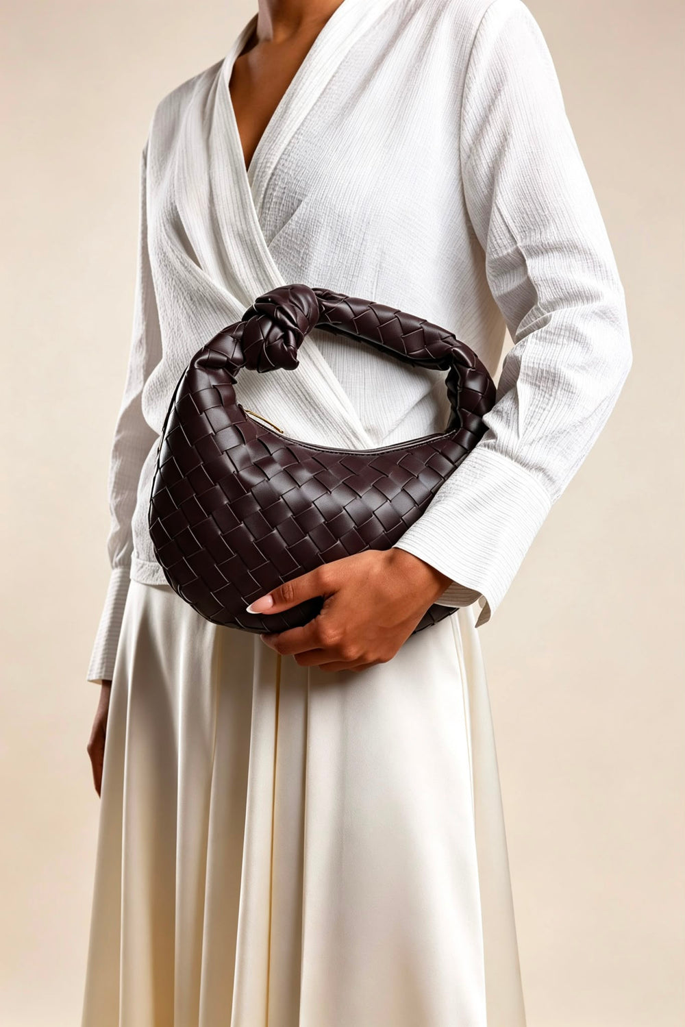 Dark Brown Faux Leather Woven Knot Handle Hobo Bag | Wholesale Bags