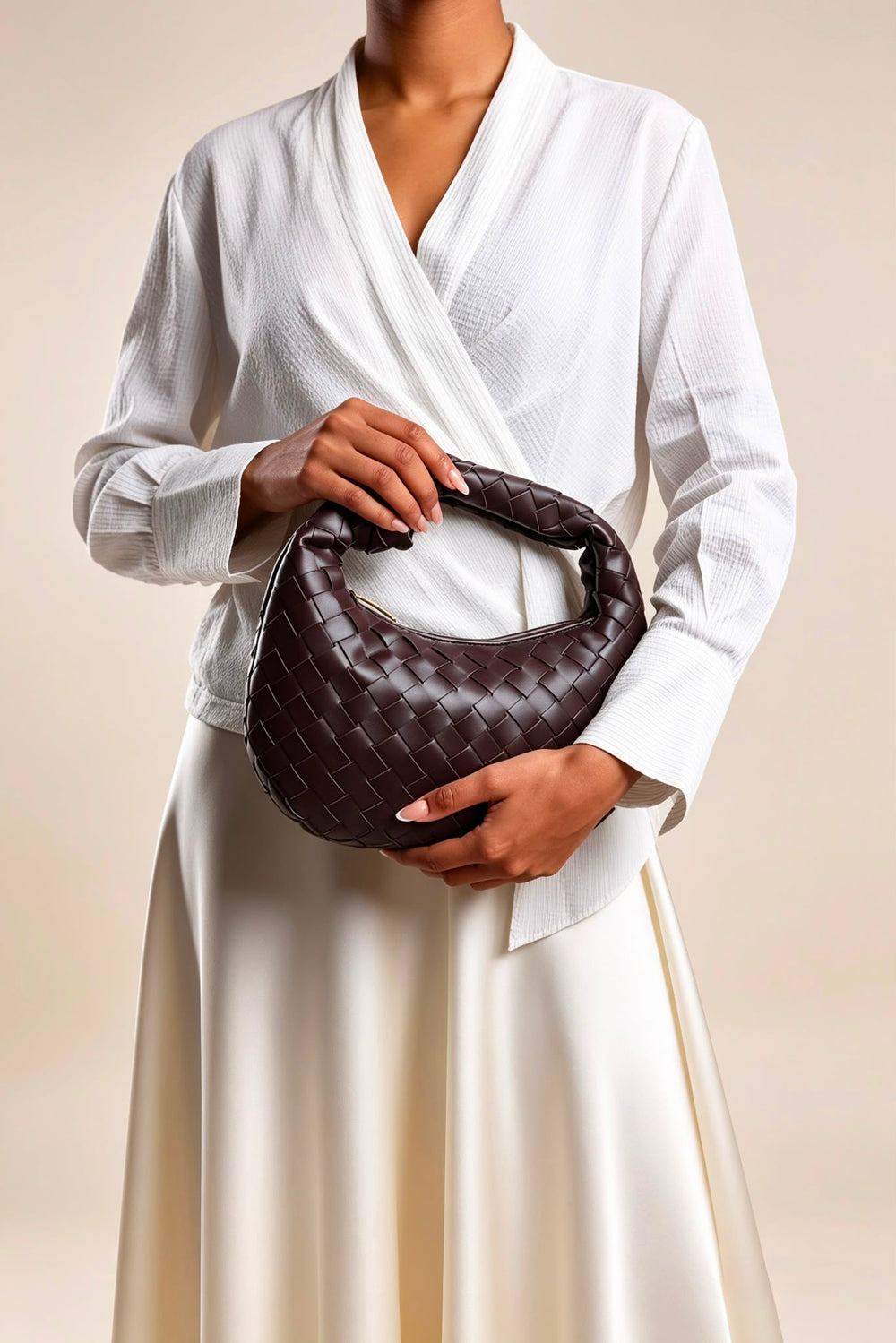 Dark Brown Faux Leather Woven Knot Handle Hobo Bag | Wholesale Bags