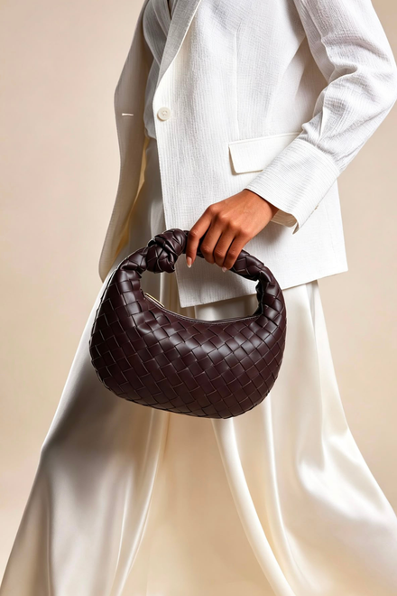 Dark Brown Faux Leather Woven Knot Handle Hobo Bag | Wholesale Bags
