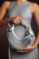 Wholesale Premium Silver Metallic Curved Knotted Shoulder Bag