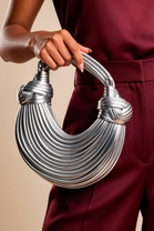 Wholesale Premium Silver Metallic Curved Knotted Shoulder Bag