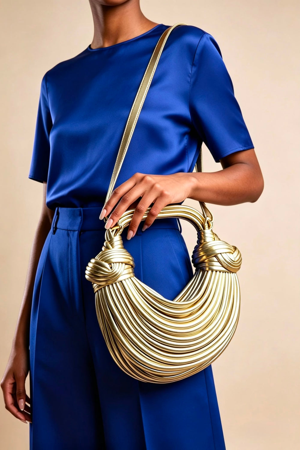 Wholesale Premium Gold Metallic Curved Knotted Shoulder Bag