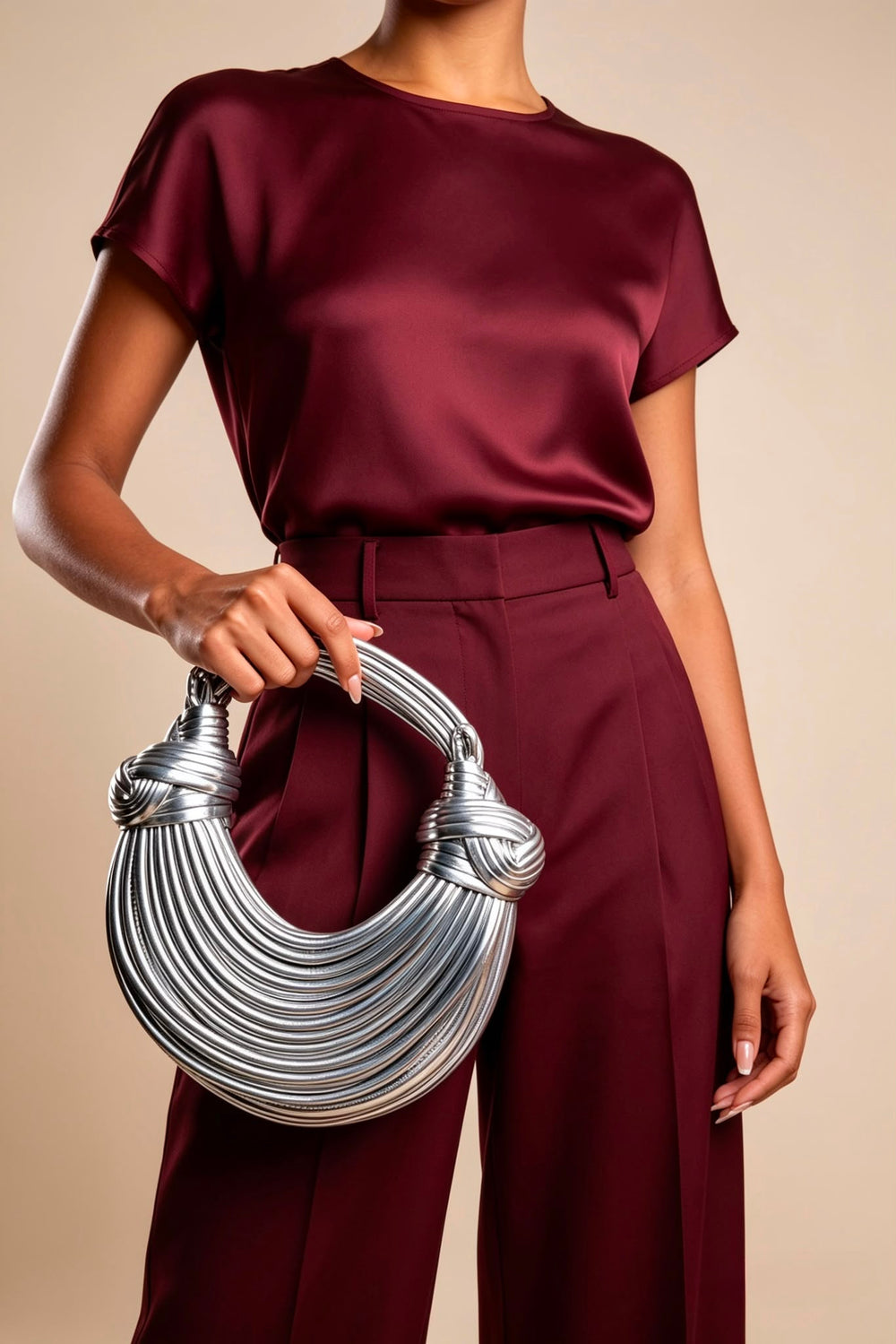 Wholesale Premium Silver Metallic Curved Knotted Shoulder Bag