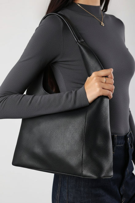 Wholesale Faux Leather Black Shoulder Bag Matching Detachable Bonus Pouch