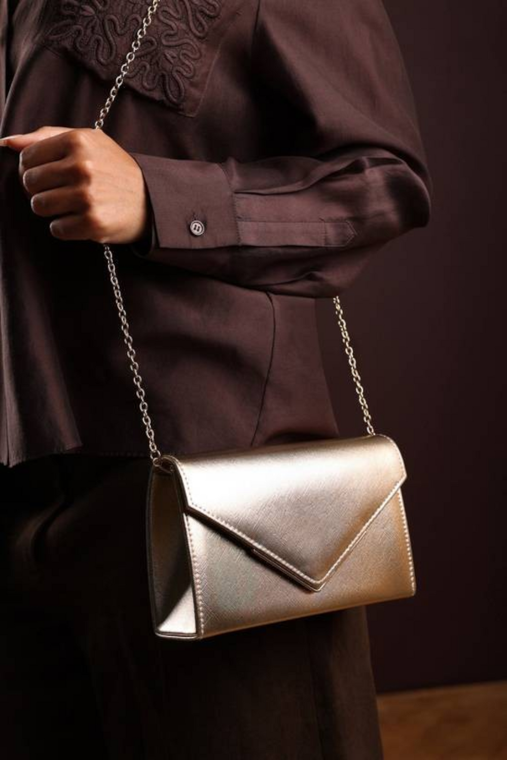 Gold Metallic Faux Leather Clutch with Detachable Chain Strap