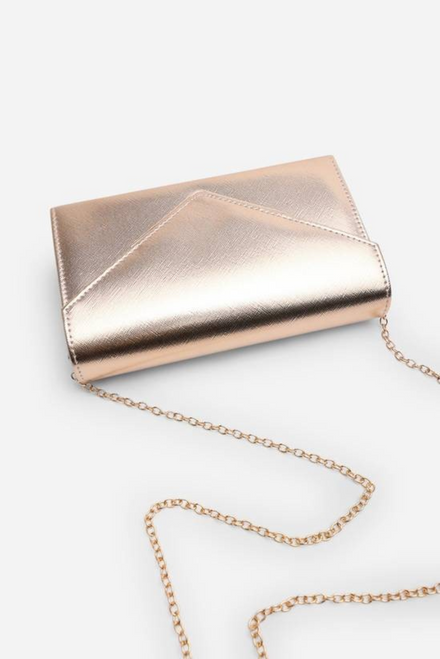 Gold Metallic Faux Leather Clutch with Detachable Chain Strap