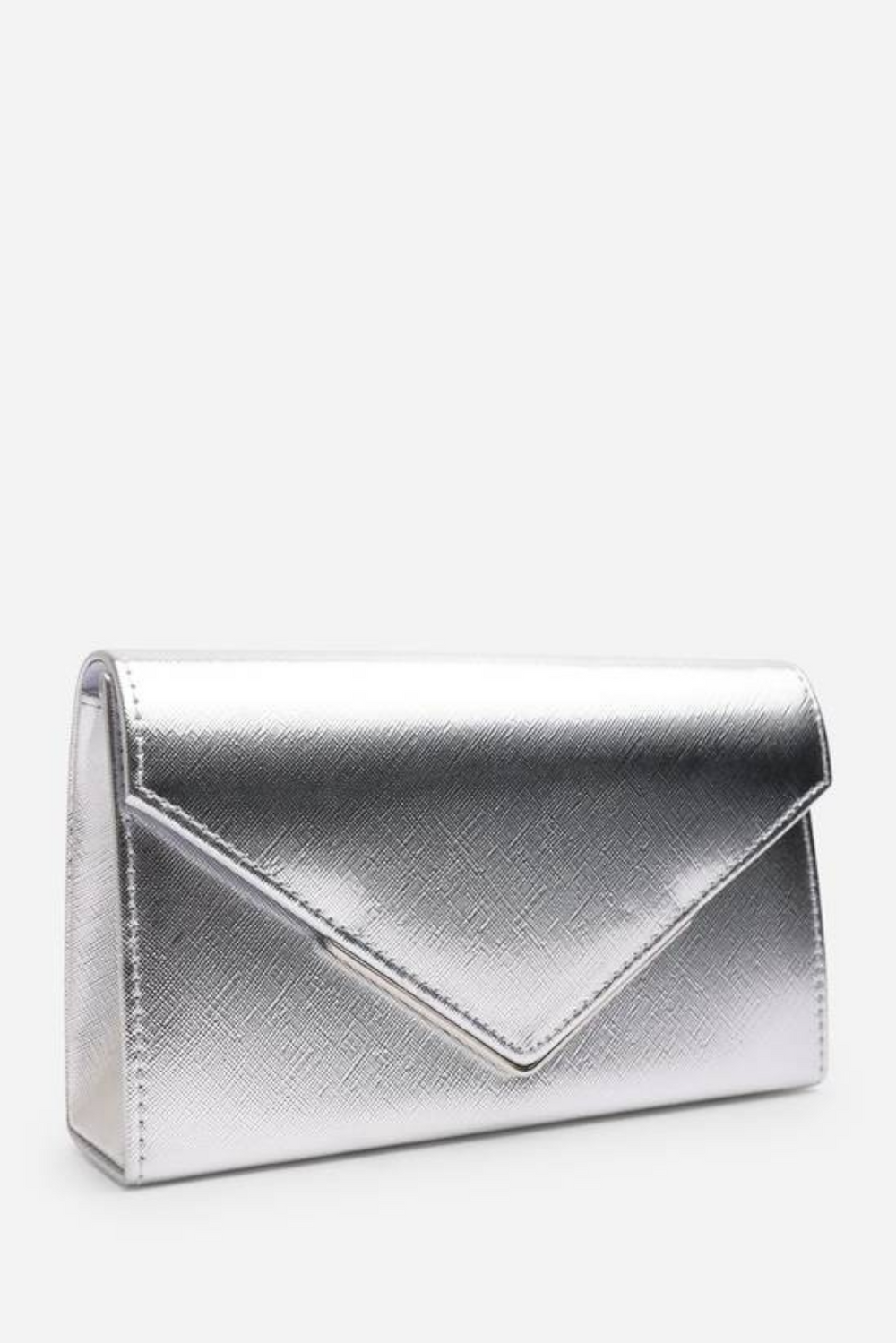 Silver Metallic Faux Leather Clutch with Detachable Chain Strap