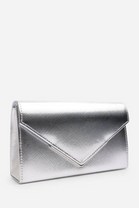 Silver Metallic Faux Leather Clutch with Detachable Chain Strap