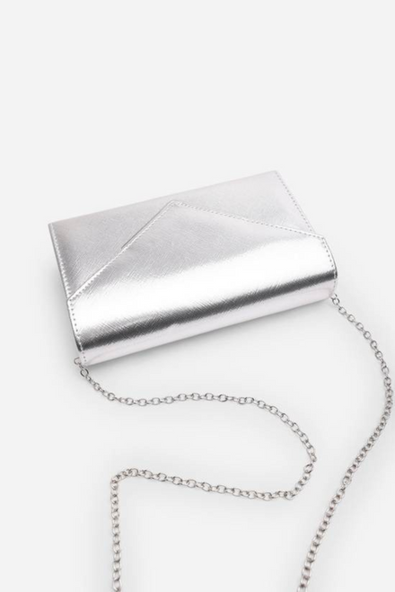 Silver Metallic Faux Leather Clutch with Detachable Chain Strap
