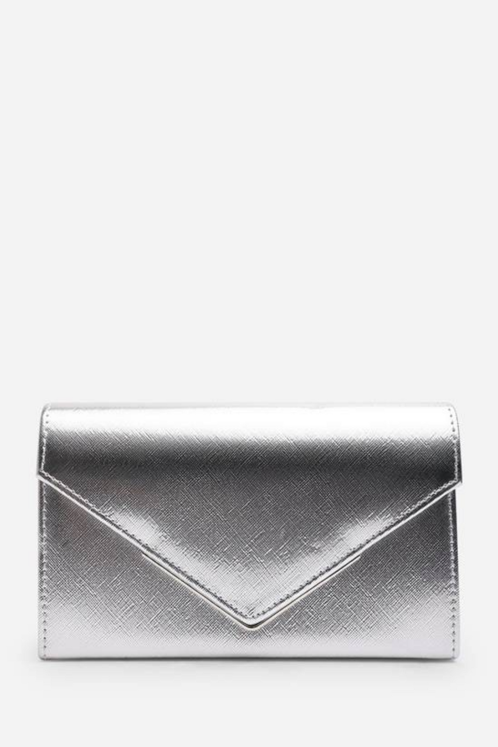 Silver Metallic Faux Leather Clutch with Detachable Chain Strap